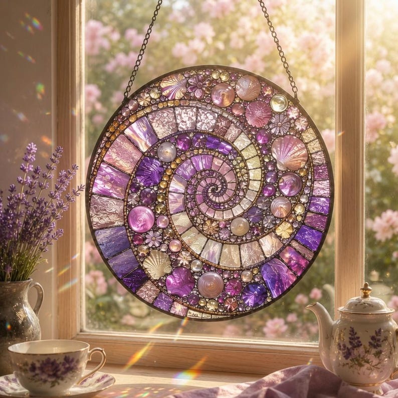 May include: A circular stained glass suncatcher featuring a spiral mosaic pattern in shades of purple, lavender, and clear glass. The design incorporates various glass textures, including smooth, iridescent, and shell-shaped pieces, suspended by a metal chain.
