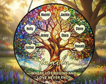 Personalized Tree of Life Stained Glass Suncatcher with Family Names – Custom Family Tree Window Hanging, Anniversary Gift, New Home Decor
