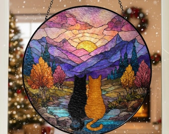 Black and Orange Cat Couple Suncatcher – Stained Glass Window Decor, Christmas Gift for Cat Lovers & Cat Moms