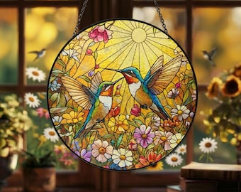 Kolibrie glas-in-lood suncatcher – prachtig vogelraam hangend decor, sympathie geheugen cadeau voor moeder oma vogelliefhebber