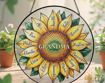 Gepersonaliseerde zonnebloem oma glas-in-lood suncatcher – aangepaste naam cadeau voor Moederdag, uniek oma raamdecoratie & familie aandenken