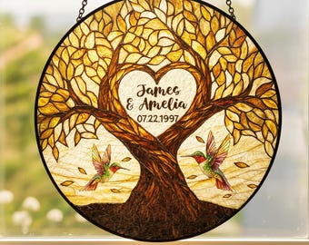 Gepersonaliseerde levensboom gebrandschilderd glas Suncatcher - 50e gouden huwelijksverjaardag cadeau voor stel, echtgenoot vrouw ouders aandenken