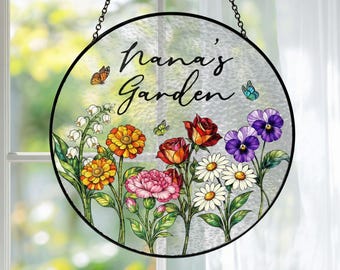Gepersonaliseerde oma's tuin geboortemaand bloem glas-in-lood zonnevanger – aangepaste geboortebloem cadeau voor moeder, oma botanisch decor