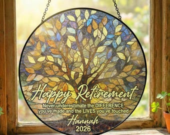 Gepersonaliseerde levensboom pensioen Suncatcher – gebrandschilderd glas aandenken cadeau voor collega, leraar, werknemer waardering aanwezig