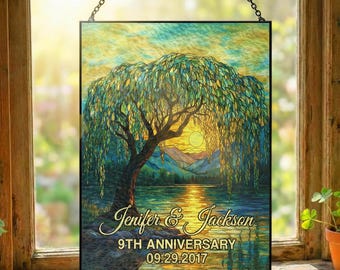 Cadeau wilg 9e verjaardag – glas-in-lood suncatcher voor koppels, 9-jarig huwelijksfeest, gepersonaliseerde stamboomnamen kunst