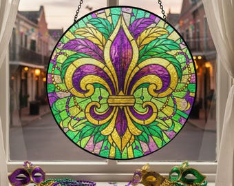 Louisiana Fleur De Lis Glass Suncatcher – Mardi Gras-gebrandschilderd raam hangend, Louisiana Pride Home Decor & Unique Mardi Gras Gift Ornament