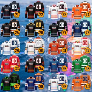 May include: A selection of hockey jerseys in a range of colours, such as black, red, blue, and orange. Each jersey has space for a name and number, with different stripe designs and sleeve patterns. The jerseys are shown against a blurred, icy background.