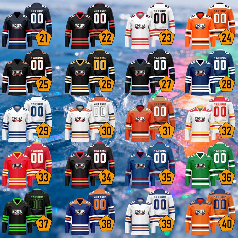 May include: A selection of hockey jerseys in a range of colours, such as black, red, blue, and orange. Each jersey has space for a name and number, with different stripe designs and sleeve patterns. The jerseys are shown against a blurred, icy background.