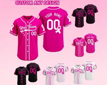 Custom Pink Ribbon Breast Cancer Awareness Baseball Jersey, Personalized Name and Number
