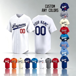 May include: A white baseball jersey with a button-down front, featuring the text Anyname in blue script and the number 00 in red on the chest. The back displays the text Your Name and the number 00 in blue. Includes various colour options.