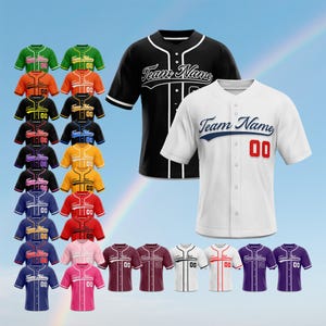 May include: A collection of baseball jerseys in a range of colours, such as black, white, and green. Each jersey displays the text "Team Name" and the number "00". The shirts have button-up fronts and contrasting trim.