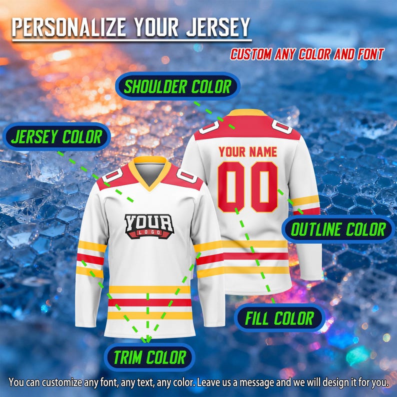 May include: White hockey jersey with red and yellow detailing. The jersey displays the text "YOUR LOGO" on the front and "YOUR NAME" and the number "00" on the back. The image includes the text "PERSONALIZE YOUR JERSEY".