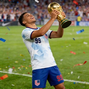 May include: A person wearing a white and blue soccer jersey with the number 99, holding a gold trophy. The jersey has a star pattern and the US flag on the chest. Blue shorts with the number 99 and the US flag are also visible.