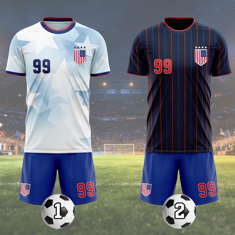 May include: Two soccer uniforms, one white with blue accents and the other black with red and blue stripes. Both sets include blue shorts, the number 99, and a soccer ball. Each jersey features the USA flag.