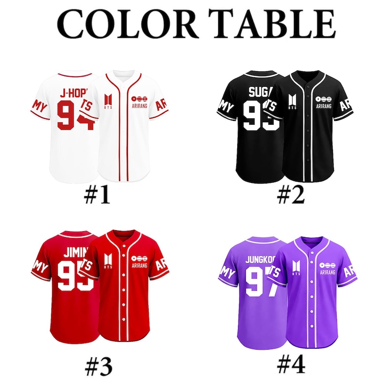 Puede incluir: Imagen de cuatro camisetas de b&eacute;isbol con el texto "COLOR TABLE" en la parte superior. Las camisetas son blancas, negras, rojas y moradas. Cada camiseta tiene un nombre y un n&uacute;mero diferente en la espalda, con el logotipo del equipo en la parte delantera.