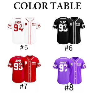 May include: A color table displaying four baseball jerseys labeled #5, #6, #7, and #8. Each jersey features the BTS logo, the text ARIRANG, and a name with a number on the back. The colors include white, black, red, and purple with white accents.