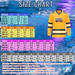 May include: Yellow hockey jersey with blue and white stripes, and a size chart for various sizes. The jersey has a V-neck and the text "YOUR LOGO" on the chest. Measurements are in inches, with chest sizes from 42 to 67.8 inches.