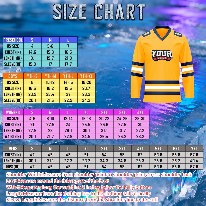 May include: Yellow hockey jersey with blue and white stripes, and a size chart for various sizes. The jersey has a V-neck and the text "YOUR LOGO" on the chest. Measurements are in inches, with chest sizes from 42 to 67.8 inches.