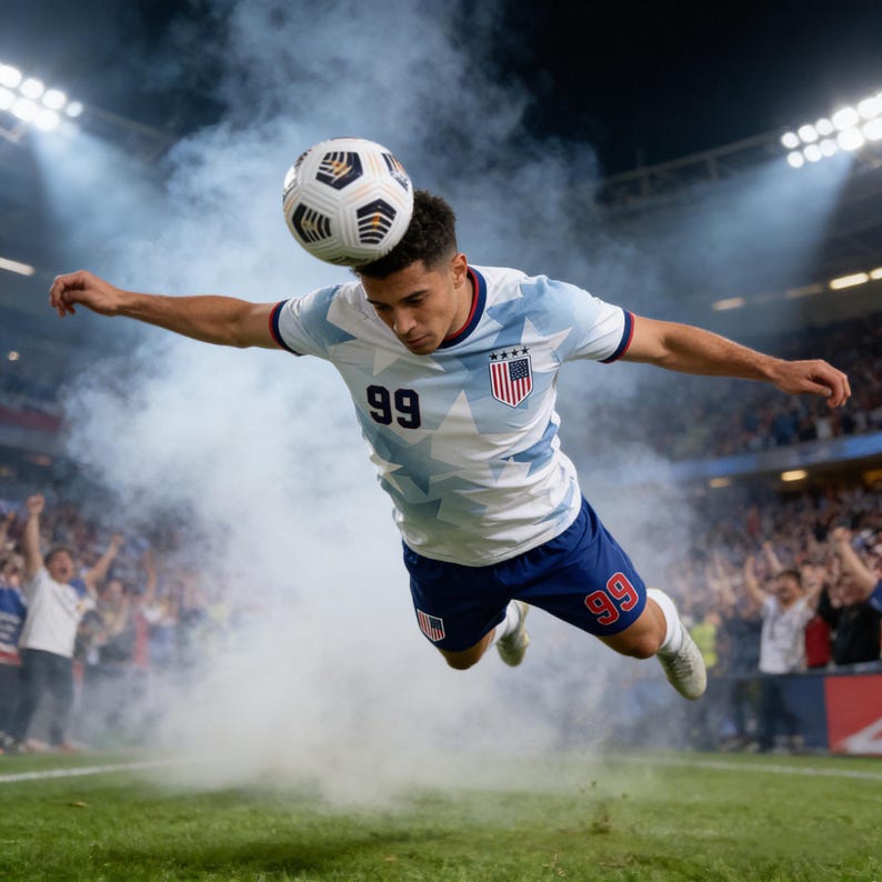 May include: A soccer player in a light blue and white jersey with the number 99, and dark blue shorts, jumps to head a soccer ball. The player is in mid-air on a green field, with a crowd in the background.