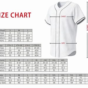 May include: A white baseball jersey with black trim on the collar and sleeves, accompanied by a comprehensive size chart for preschool, boys, women, and men. The chart displays measurements in inches for chest, length, and hips for various sizes.