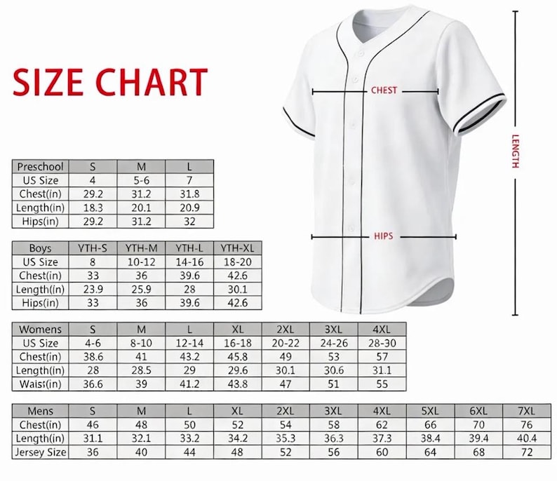 May include: A white baseball jersey with black trim on the collar and sleeves, accompanied by a comprehensive size chart for preschool, boys, women, and men. The chart displays measurements in inches for chest, length, and hips for various sizes.