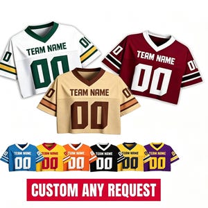 May include: Several cropped football jerseys in a range of colours, such as white, maroon, beige, blue, yellow, orange, black, and purple. Each jersey has the text "TEAM NAME" and the number "00". The bottom of the image displays the text "CUSTOM ANY REQUEST".