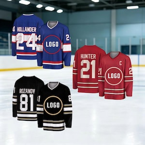 May include: Three hockey jerseys in blue, red, and black. Each set shows a front view with a circular logo and a back view with a name and number. The blue jersey features HOLLANDER 24, the red jersey shows HUNTER 21 with a C, and the black jersey displays ROZANOV 81.