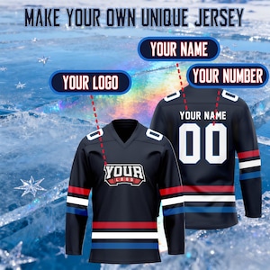 May include: Navy blue hockey jersey with white, red, and blue stripes. The jersey has a V-neck and the text "YOUR LOGO" on the front. The image also shows the text "MAKE YOUR OWN UNIQUE JERSEY", "YOUR NAME", and "YOUR NUMBER".