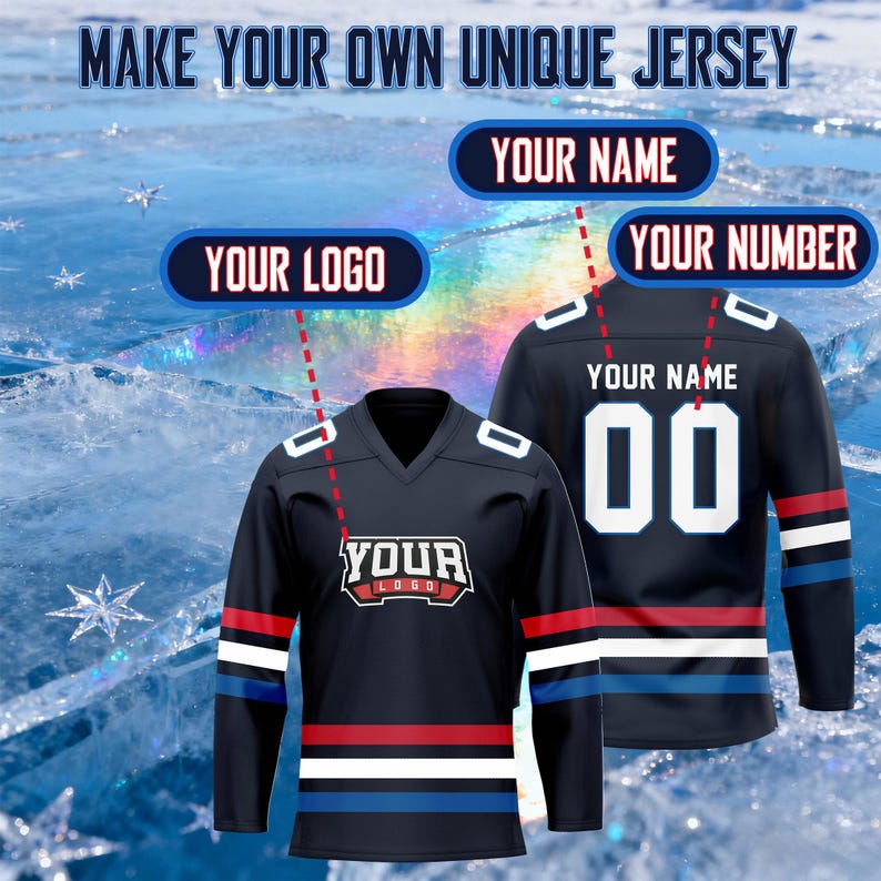 May include: Navy blue hockey jersey with white, red, and blue stripes. The jersey has a V-neck and the text "YOUR LOGO" on the front. The image also shows the text "MAKE YOUR OWN UNIQUE JERSEY", "YOUR NAME", and "YOUR NUMBER".
