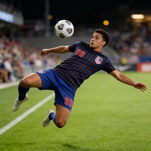 May include: A soccer player in a blue and navy plaid jersey with the number 99, kicking a soccer ball in mid-air. The player is wearing blue shorts and white shoes. The background shows a stadium with spectators.