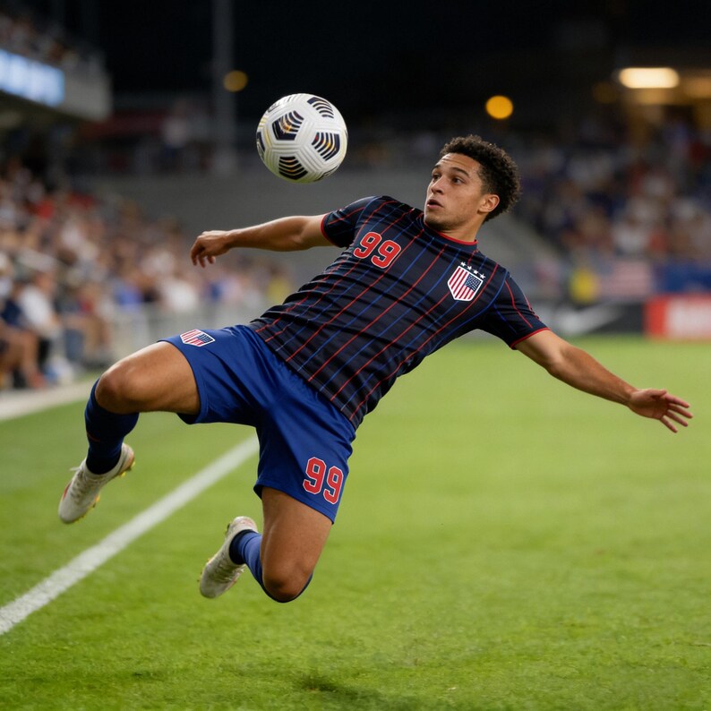 May include: A soccer player in a blue and navy plaid jersey with the number 99, kicking a soccer ball in mid-air. The player is wearing blue shorts and white shoes. The background shows a stadium with spectators.
