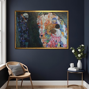 Gustav Klimt Śmierć i życie Wydruk artystyczny 1907-1908 Romantyczna dekoracja ścienna Złoty uścisk Plakat Duży obraz na płótnie Wystrój domu Prezent dla miłośników sztuki