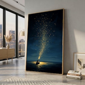 May include: A framed art print depicts a person in a boat on water, illuminated by a golden light that extends upwards into the night sky. The artwork has a dark blue and gold color palette, with a wooden frame.