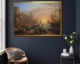 Impresión artística en lienzo de un paisaje marino al atardecer, Claude Lorrain, barroco francés