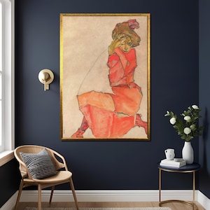 Kneeling Woman in Orange Red Dress Canvas Wall Art – Egon Schiele Vintage Expressionist Poster Print,Expressionist Art , High Quality