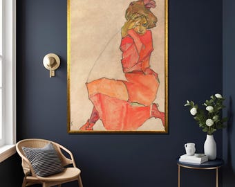 Kneeling Woman in Orange Red Dress Canvas Wall Art – Egon Schiele Vintage Expressionist Poster Print,Expressionist Art , High Quality