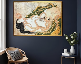 The Dream of the Fisherman&#39;s Wife by Katsushika Hokusai , High Quality Print , Octopus and Woman ,Japanese Canvas Art , Large Canvas Art