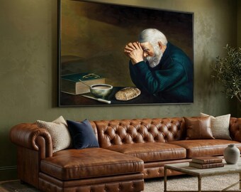Elderly Man Praying at Table, Spiritual Canvas Wall Art, Reflective Moment Painting, Faith and Hope Decor, Inspirational Home Art