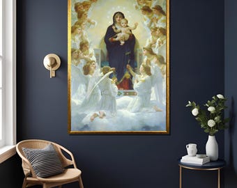 Può includere: Un dipinto della Vergine Maria che tiene in braccio un bambino Gesù, circondato da angeli. Il dipinto è in una cornice dorata e ha uno sfondo blu chiaro.