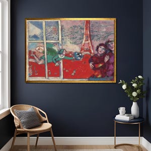 Marc Chagall Red Background Eifell Tower Wall Decor Vintage Style,Luxury Home Decor,Exhibition Print ,Exhibition Art , Expressionism Art