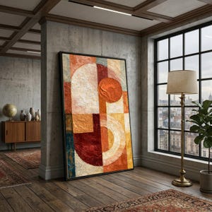 Pode incluir: Impressão de arte abstrata em uma moldura preta. A obra de arte apresenta uma superfície texturizada com formas geométricas em tons de laranja, vermelho, branco e azul. A pintura está encostada em uma parede de concreto em um quarto com piso de madeira e uma janela.