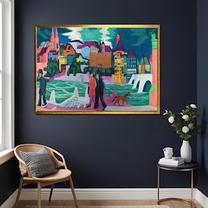 Ernst Ludwig Kirchner View of Basel and the Rhine Expressionist Canvas Wall Art Print – German Modern Landscape Painting Reproduction