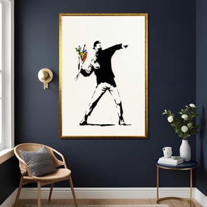 Banksy Flower Thrower Print - Street Art Wall Decor, Graffiti Poster, Urban Art Gift for Home or Office , Ready To Hang , Large Canvas , Art