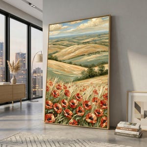 Warm Countryside Landscape Canvas, Poppy Flowers Field Wall Art, Rustic Farmhouse Decor, Nature Canvas Painting, Meadow View Artwork