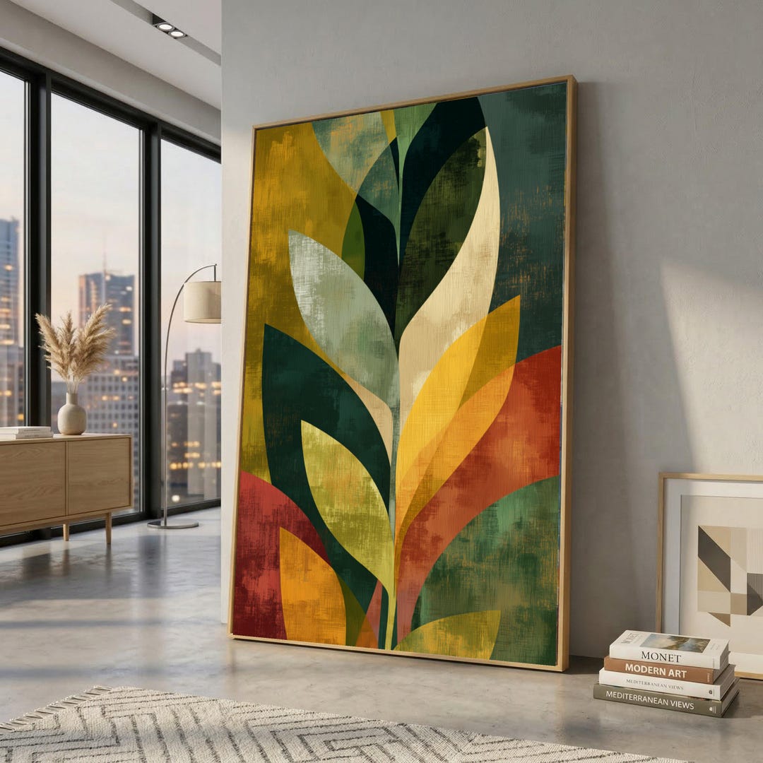 Mid Century Modern Leaves Canvas, Abstract Botanical Wall Art, Retro ...