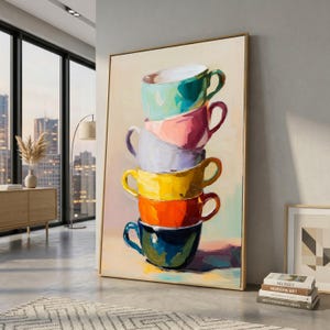 Colorful Stacked Teacups Canvas, Vibrant Kitchen Wall Art, Modern Still Life Painting, Home Décor Canvas, Ready to Hang Artwork