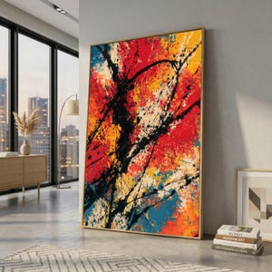 Quadro astratto su tela in stile Jackson Pollock, audace dipinto a schizzi rossi e gialli, decorazione moderna espressionista per la casa, grande e colorato