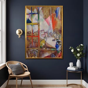 Marc Chagall Parijs door het raam surrealistisch stadsgezicht canvasafdruk kleurrijke dromerige muurkunst voor grillige en artistieke interieurs