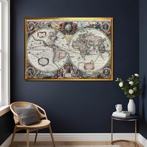 Carte du monde antique Hendrik Hondius 1627, Nova Totius Terrarum Orbis Geographica Hydrographica, art mural, impression cartographique vintage, haute qualité