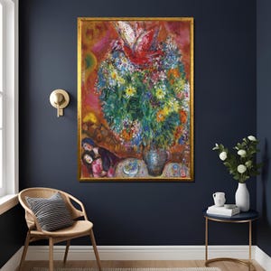 Marc Chagall Art Print Red Background Colorful Flowers & Lovers Wall Decor Vintage Style,Luxury Home Decor,Exhibition Print , Exhibition Art